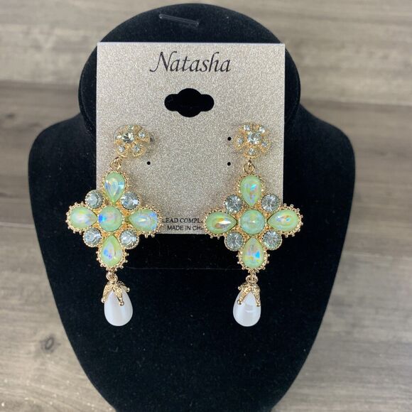 NATASHA Womens Dangle Chandelier Earrings Crystal Gold Tone with Pearl Drop - Picture 1 of 7